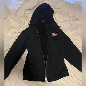 Black zip up hoodie with Mountain Dew logo